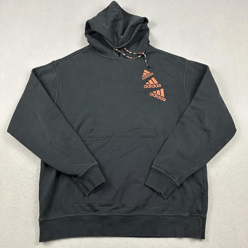 Adidas Hoodie Men Large Black Pullover Fleece Triple Logo Kangaroo Zip Pocket